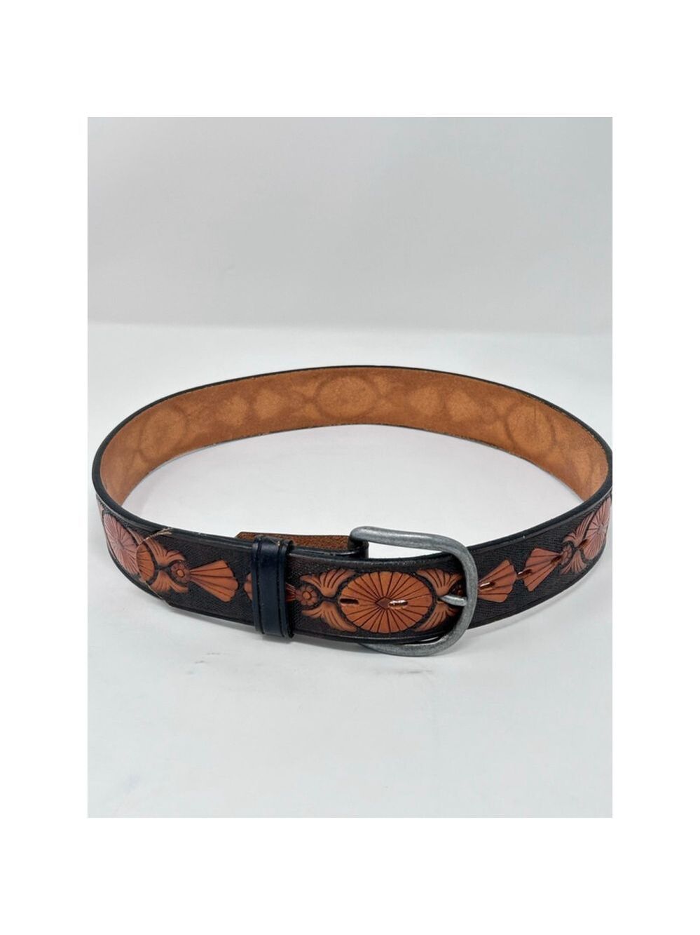 s Tooled Leather Belt WS628 Brown Black Western Unisex Made in USA 26/65